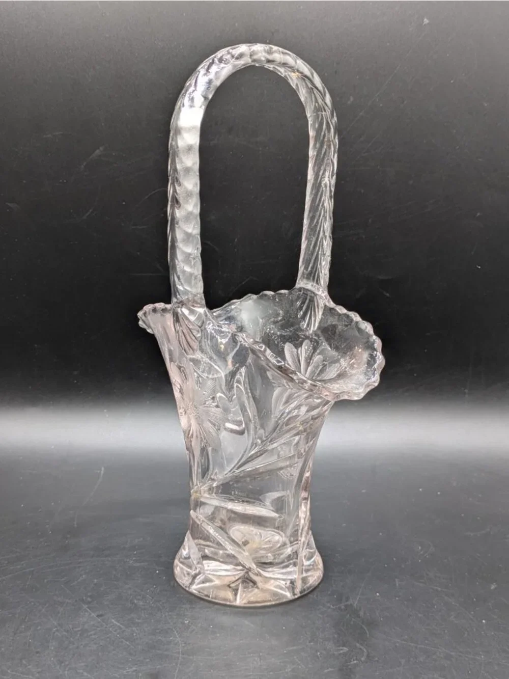 Vintage Duncan Miller Cornflower Clear Cut Etched Glass Bride's Basket Vase 9